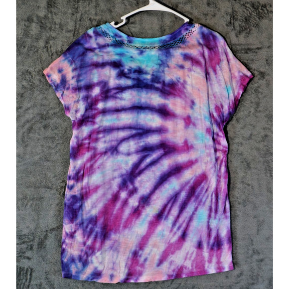 Gloria Vanderbilt Artisan Hand Dyed Purple Pink Lace Trim Tunic Tee M Floral Boh - Picture 2 of 8